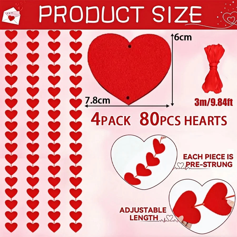 3M Red Heart Garland – Valentine’s Day Hanging Decoration (1–8 Pack)